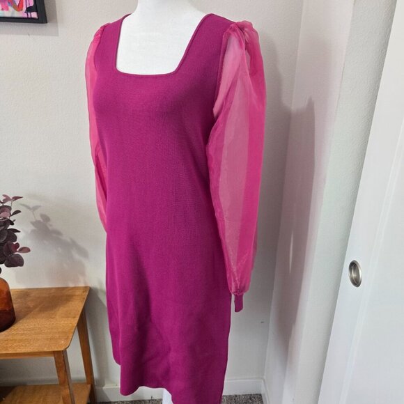 House of Harlow 1960 Fuchsia Bodycon Dress Sheer Sleeves Sz L - Picture 4 of 9